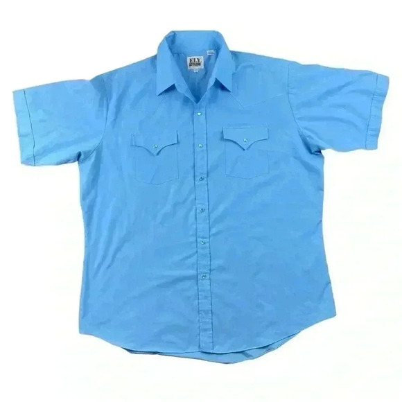 Ely Cattleman Blue Short Sleeve Solid Western Pearl Snap Button Down XL Shirt - Picture 1 of 5